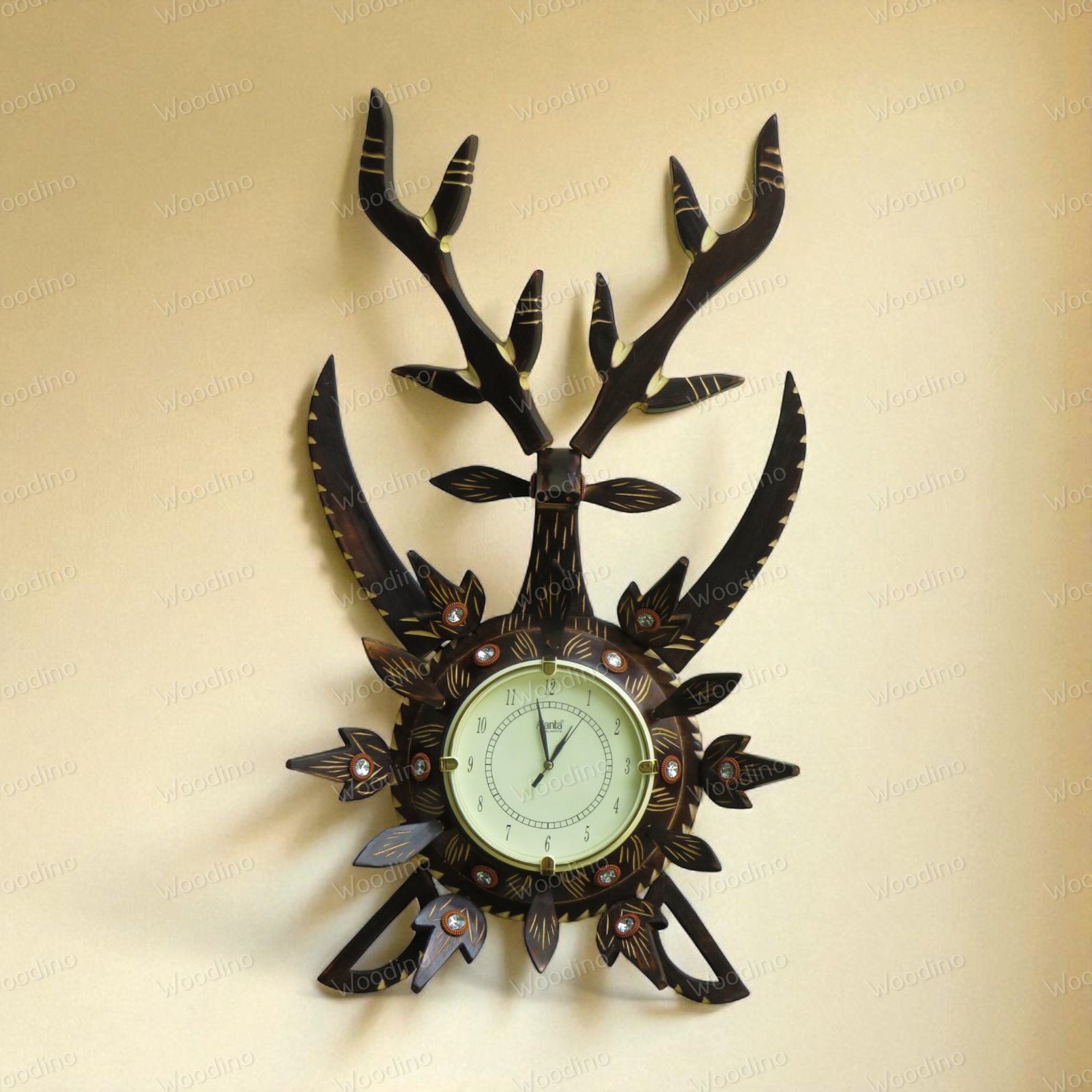 Woodino Analog Wall Clock Big Size | Antique Deer Sword (Hiran Talwar) Design | Handcrafted Wooden Folding Ghadi